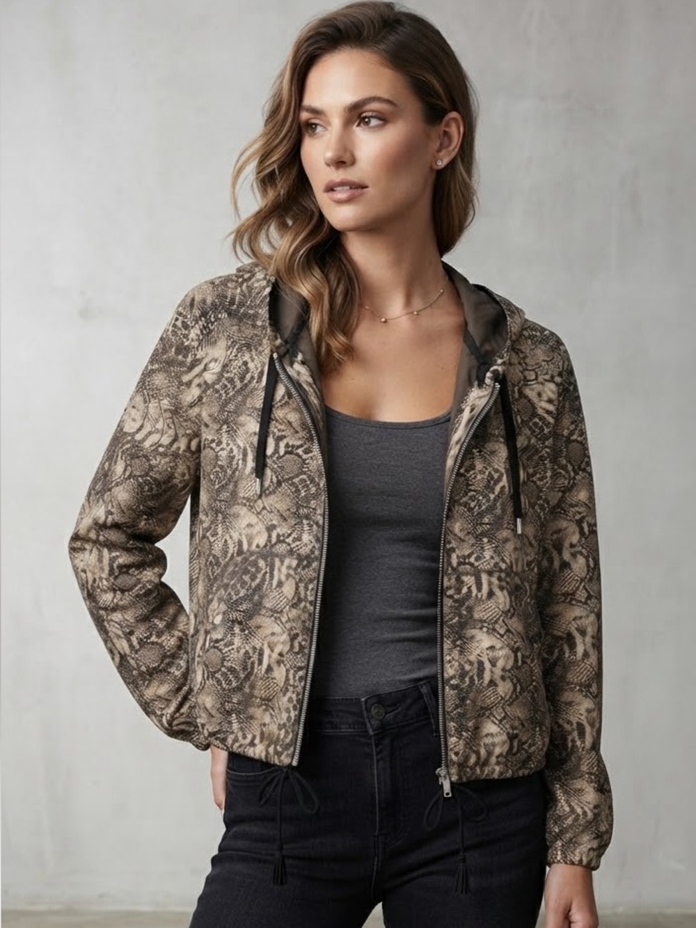The Kooples Snake-Print Zip Hoodie Jacket - Taupe & Black